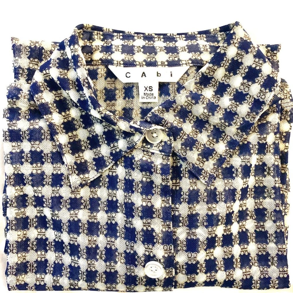 CAbi Sheer Blue Ivory Gingham Check Button Up Long Sleeve Top Size XS Stretch - Picture 4 of 8